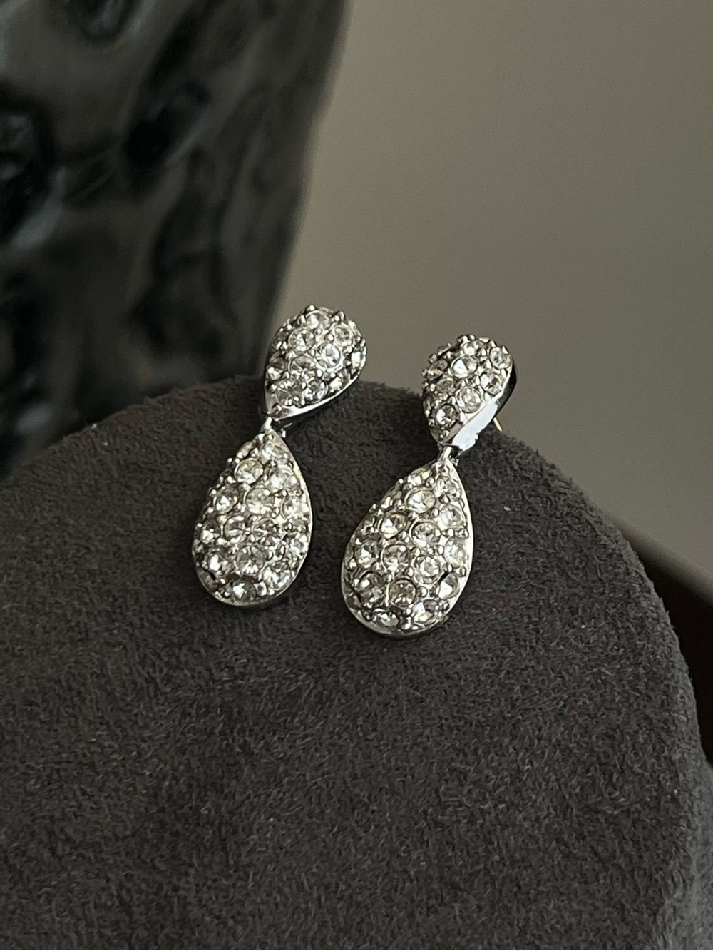 Authentic Vintage Dior Teardrop Dangle Rhinestone 14k Gold Post Silver Earrings